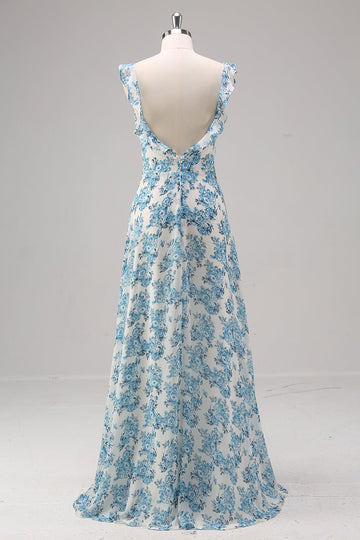 White Blue Flower A Line Square Neck Maxi Dress with Slit